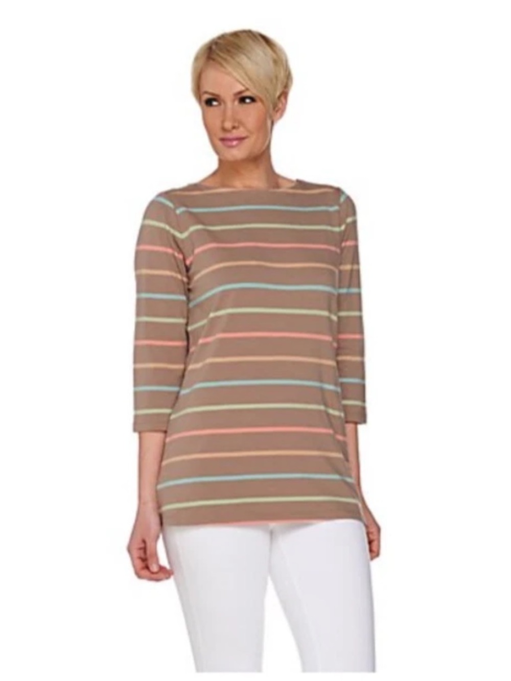 Denim & Co Yarn Dyed Stripe 3/4 Sleeve Boat Neck Top A277615 NWT XL